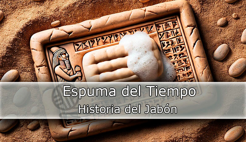 Imagen mostrando una representación de una tablilla mesopotámica con jeroglíficos y una espuma de jabón sobre ella. El texto en la imagen dice 'Espuma del Tiempo: Historia del Jabón'