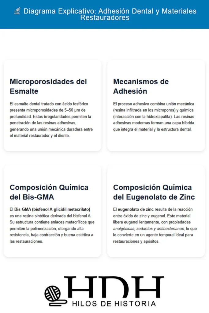 Infografía educativa sobre adhesión dental y materiales restauradores, explicando microporosidades del esmalte, mecanismos de adhesión, y composición del Bis-GMA y eugenolato de zinc. Autor: Hilos de Historia.