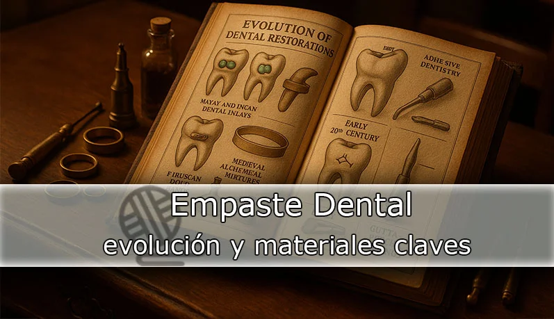 Libro antiguo abierto mostrando ilustraciones de la evolución del empaste dental, desde culturas precolombinas hasta el siglo XX, con herramientas dentales antiguas sobre una mesa de madera. Autor: desconocido.