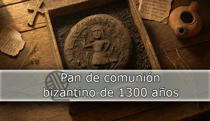 Pan de comunión bizantino fosilizado con relieve de Jesucristo en el centro, rodeado de objetos antiguos como pergaminos, cruz y vasija de barro, sobre una mesa de madera. Autor: desconocido.