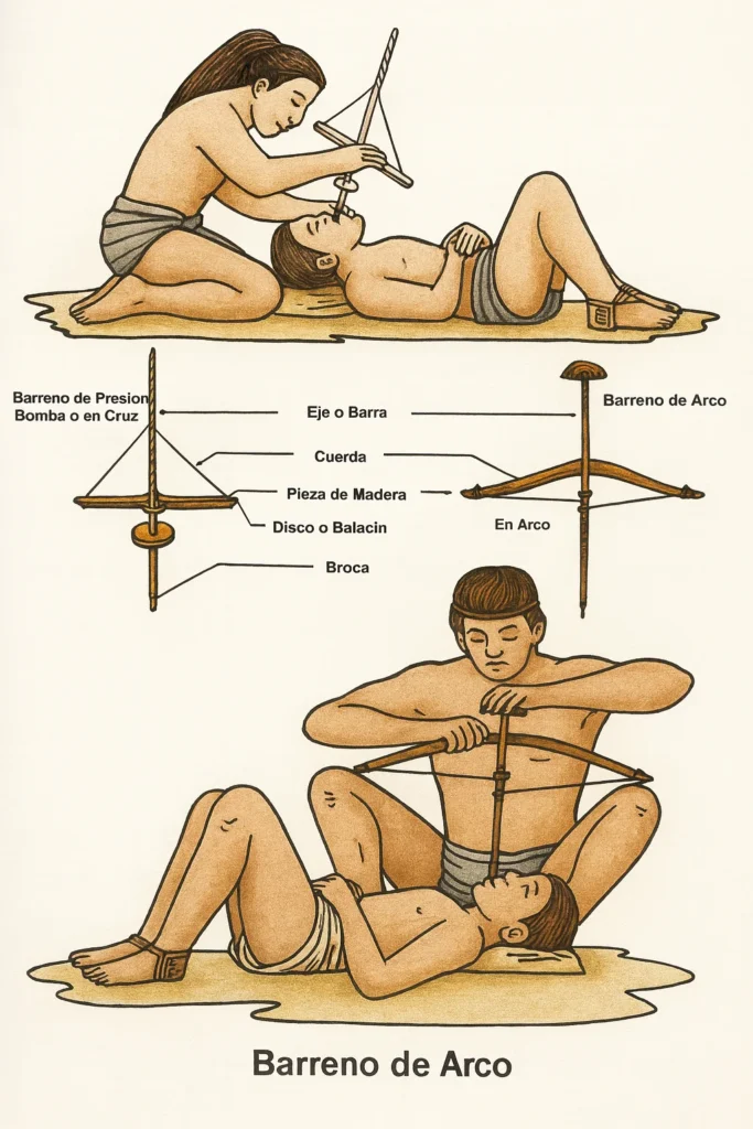 Ilustración de prácticas odontológicas antiguas con herramientas manuales tipo barreno de arco y de presión, utilizadas por civilizaciones mesoamericanas para perforar dientes. Autor: HdH.
