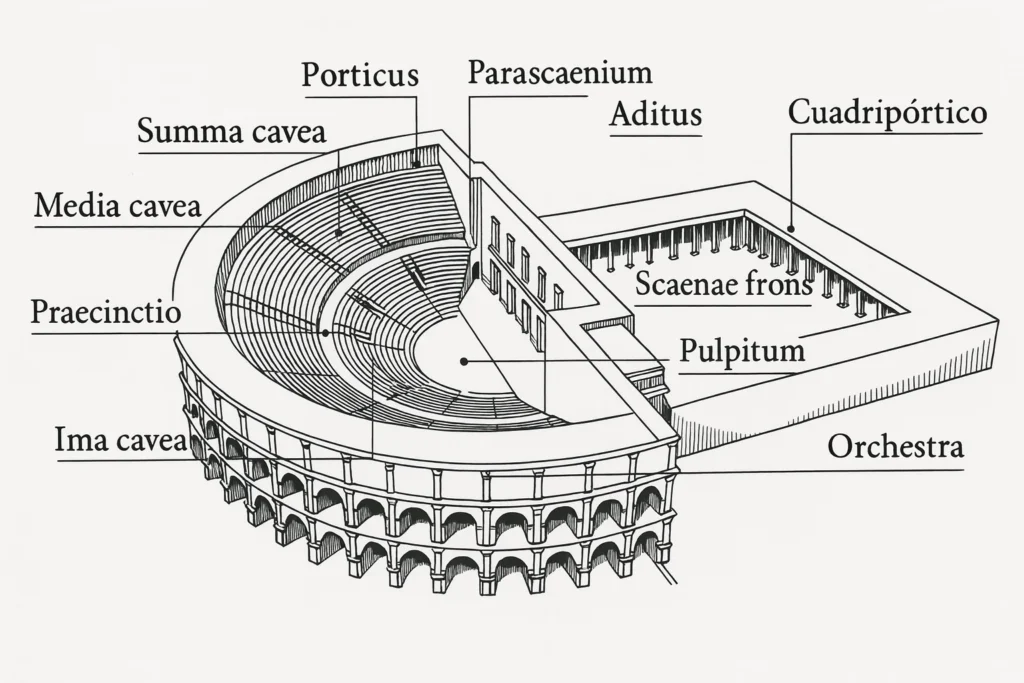 Diagrama del teatro de Roma que muestra sus partes principales: caveas escalonadas, orchestra semicircular, pulpitum, scaenae frons y cuadriportico, con etiquetas arquitectónicas que explican la estructura del teatro romano. Autor: Hilos de Historia
