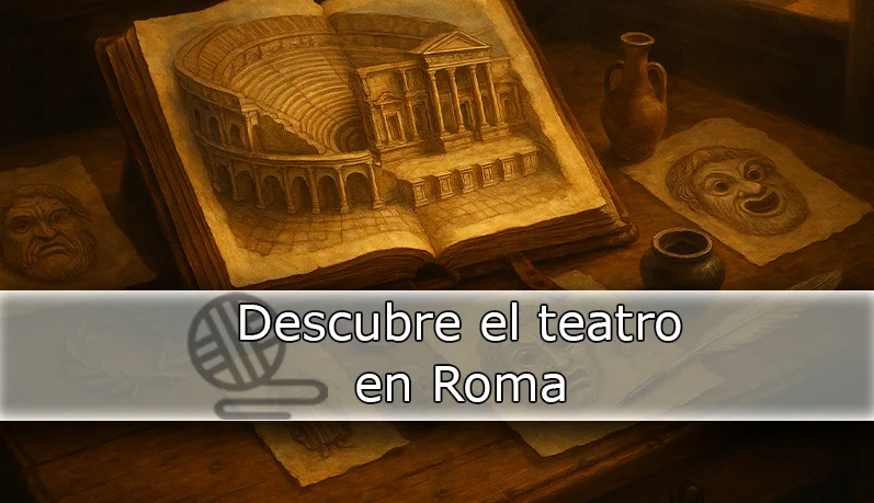 Ilustración de un libro antiguo abierto que muestra un dibujo del teatro romano, acompañado de máscaras teatrales clásicas y objetos de época sobre una mesa. En primer plano aparece el texto “Descubre el teatro en Roma”.