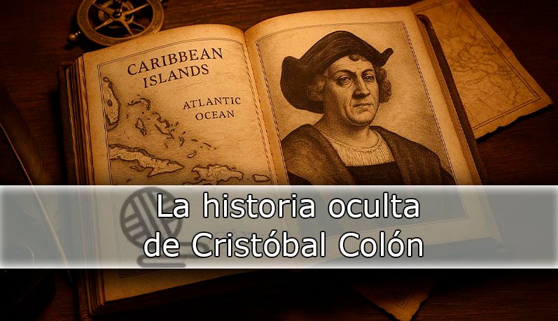 Libro antiguo abierto con un mapa del Caribe y un retrato de Cristóbal Colón, acompañado del texto “La historia oculta de Cristóbal Colón”. Autor: Hilos de Historia.